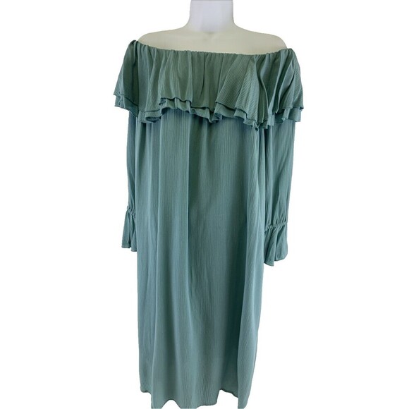 Soft Surroundings Gauze Off Shoulder Bossa Dress Crepe Green Ruffle Women Medium - Picture 1 of 15